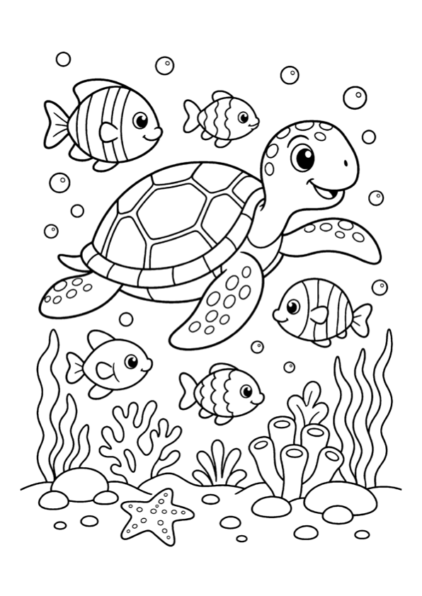 Uma página de colorir - tartaruga e peixinhos no fundo do mar