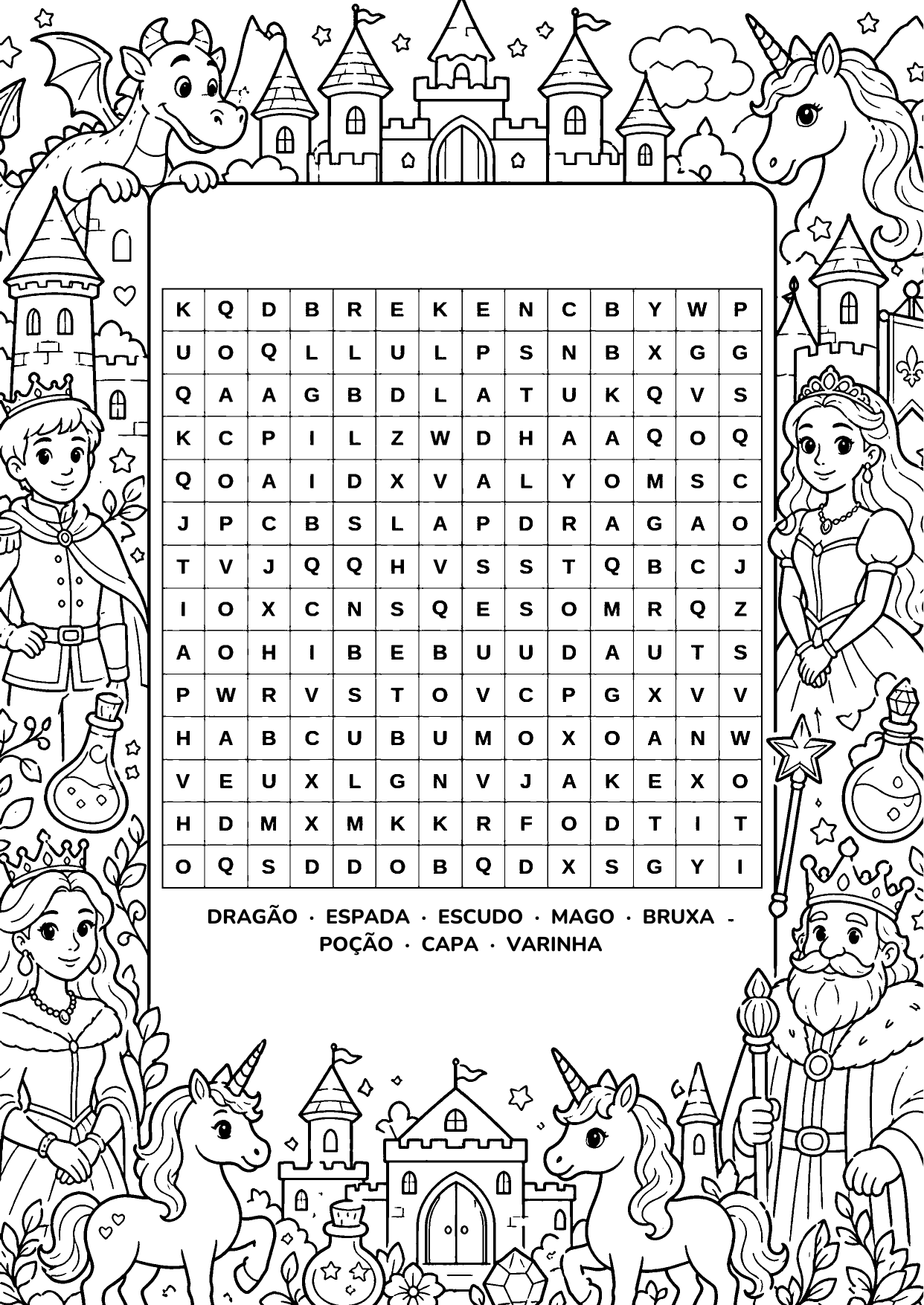 Um caça-palavras temático de castelo medieval